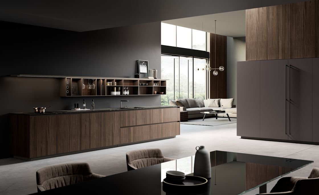 Modern Black Wood Veneer Kitchen Cabinets Tailored With Glass Showcase