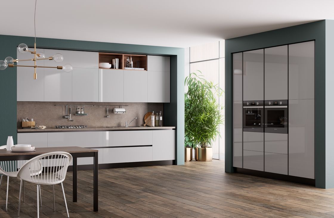 Tailored Green And White Kitchen Cabinets L Shaped Lacquer Kitchen Set