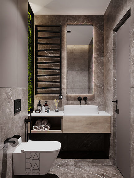 Customized Modern Wood Veneer Bathroom Vanity With Mirror And White Sink Black Rack