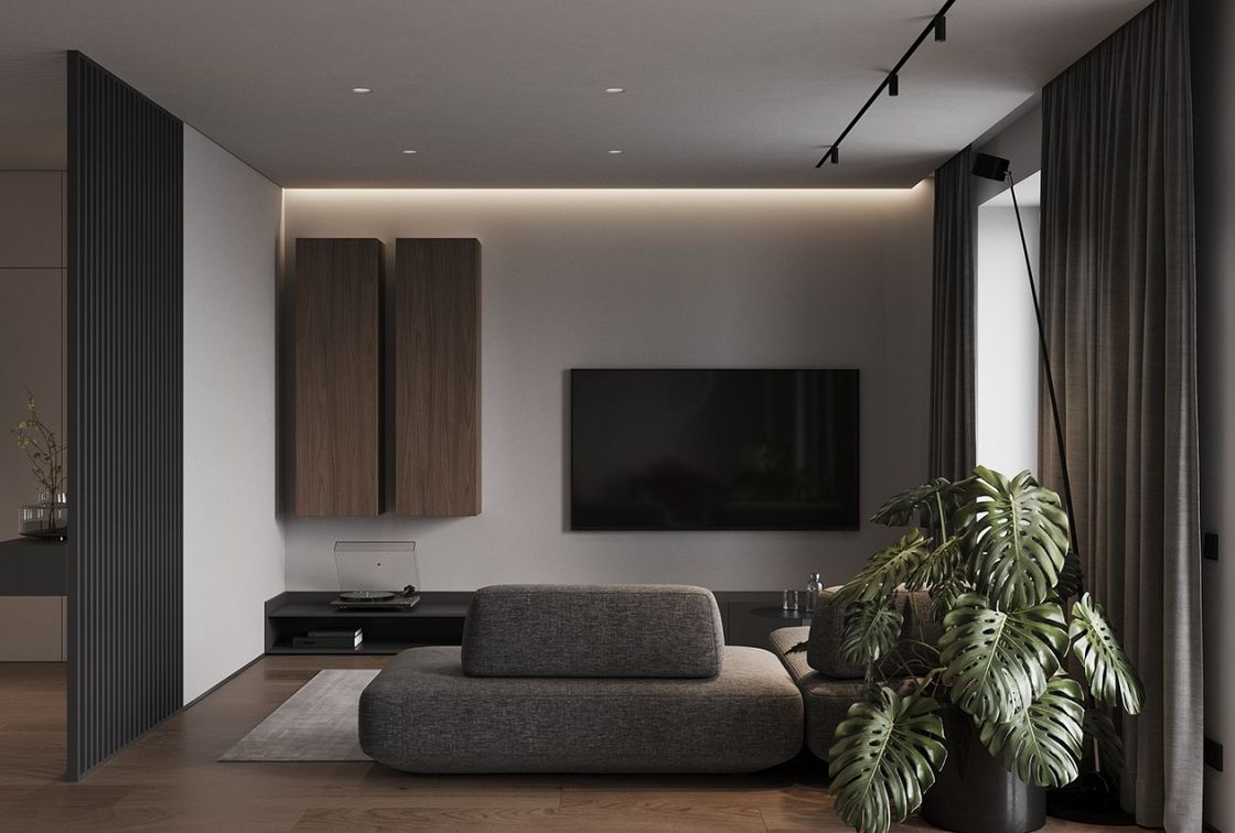 Minimalist Customized Living Room Design With Wooden Storage Cabinet