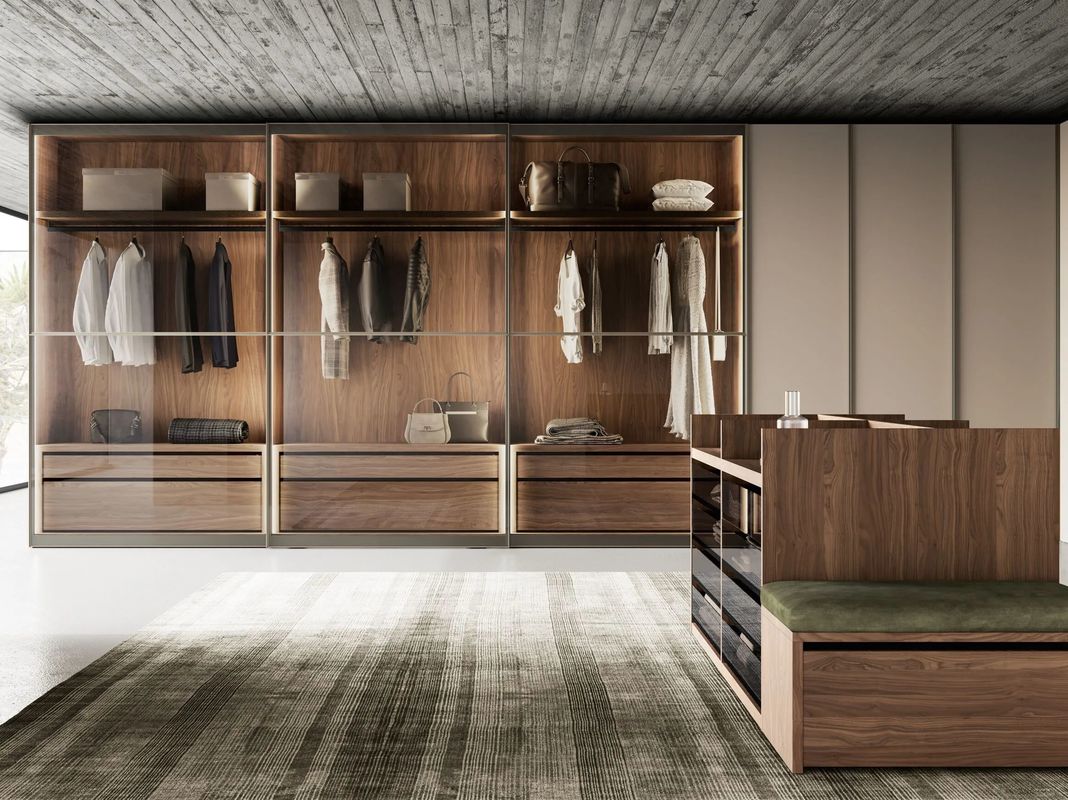 Modern Customized Wardrobe Wood Veneer Bedroom Wardrobe with Glass Doors