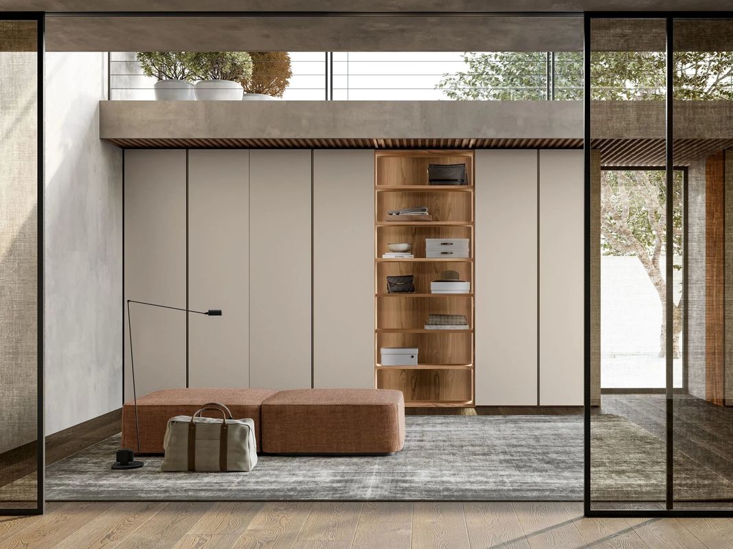 Beige PET Wardrobe with Wood Grain Display Shelf Customized Bedroom Closet