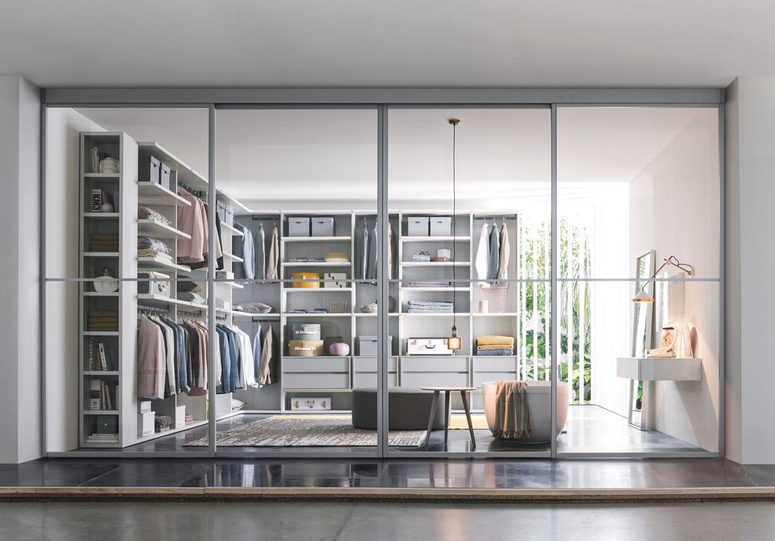 Light Grey Fitted Walk In Wardrobe Closet Customized With Dressing Table