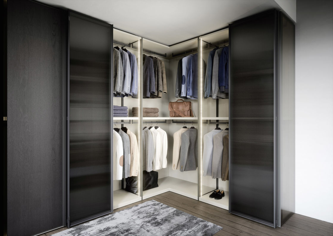 Black Wood Veneer Customized Wardrobe Closet Tailored L Shaped With Glass Doors