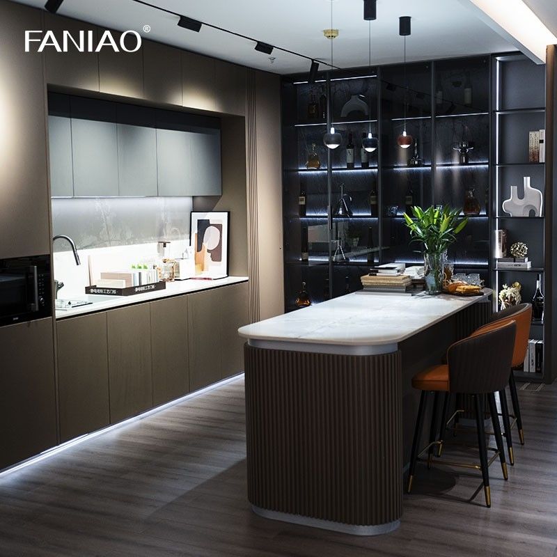Custom Wood Veneer Kitchen Cabinet Classic Style With White Basin Wine Cabinet