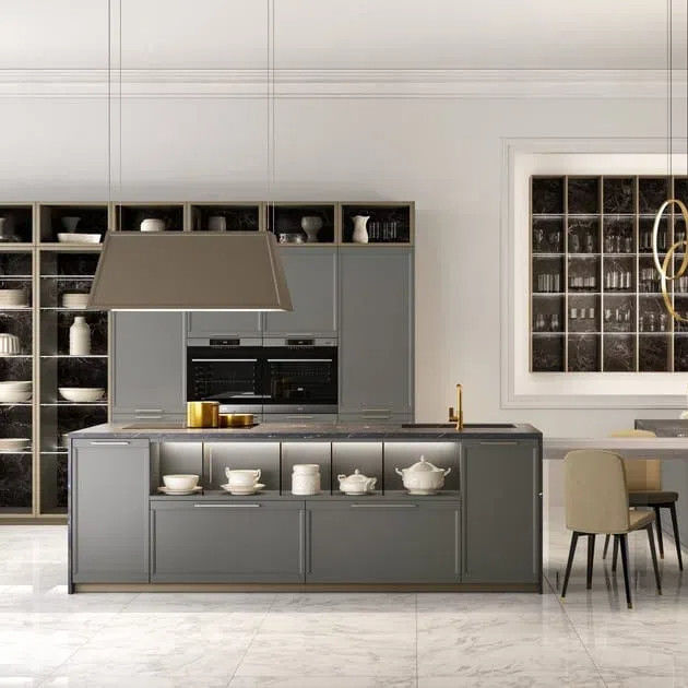 Custom Modern Modular Melamine Kitchen Cabinet with island Matt Quartz Gray Lacquered Wooden Kitchen Cabinets