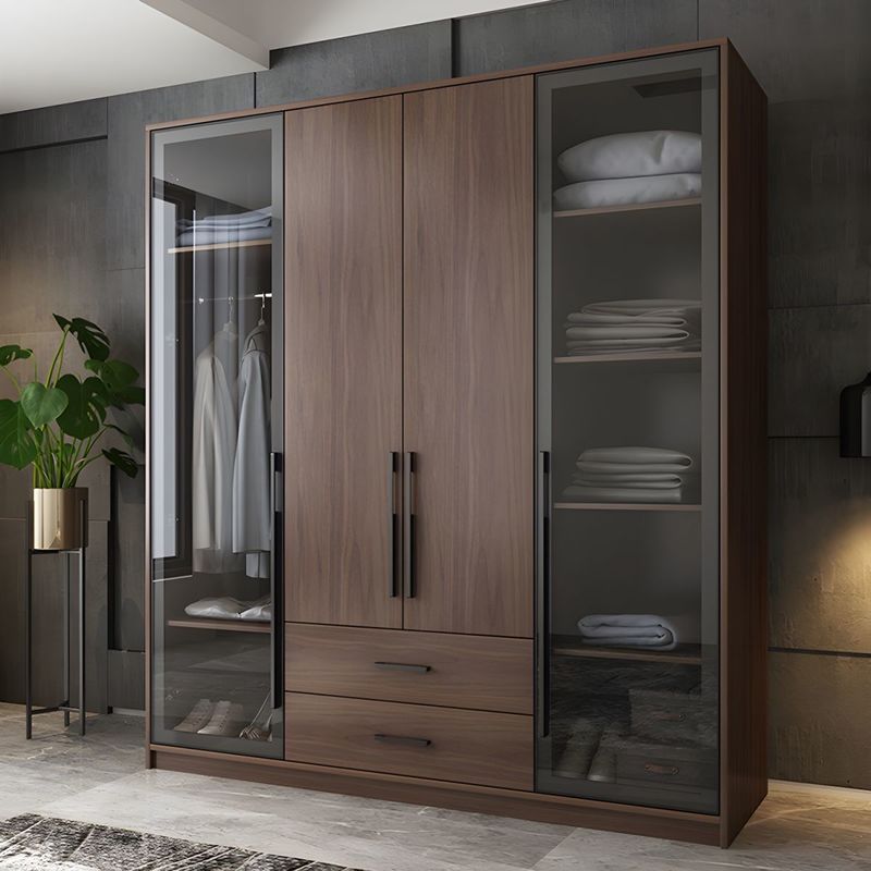 Custom Modern Freestanding Wardrobe with Self Close Drawers Brown Wooden Glass Door Swing Wardrobe