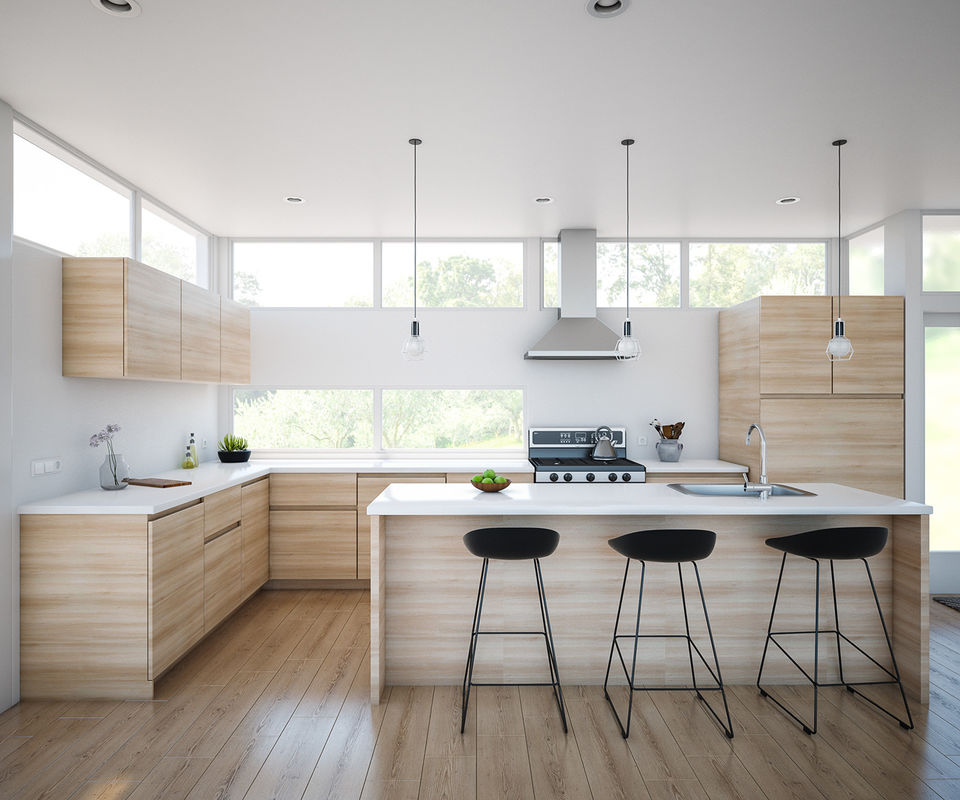 Modern Design Handleless Wood Grain Kitchen Cabinet For Homeowner And Builder