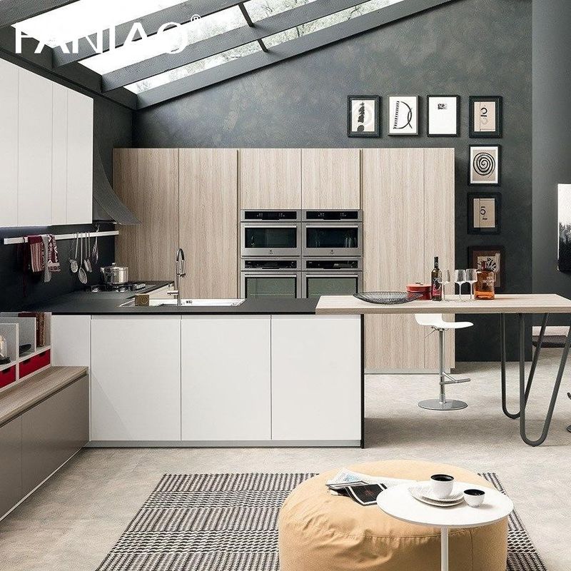 Minimalist Cabinet Designs Natural Wood Grain Stainless Steel Metal Modern Kitchen Cupboard Cabinet