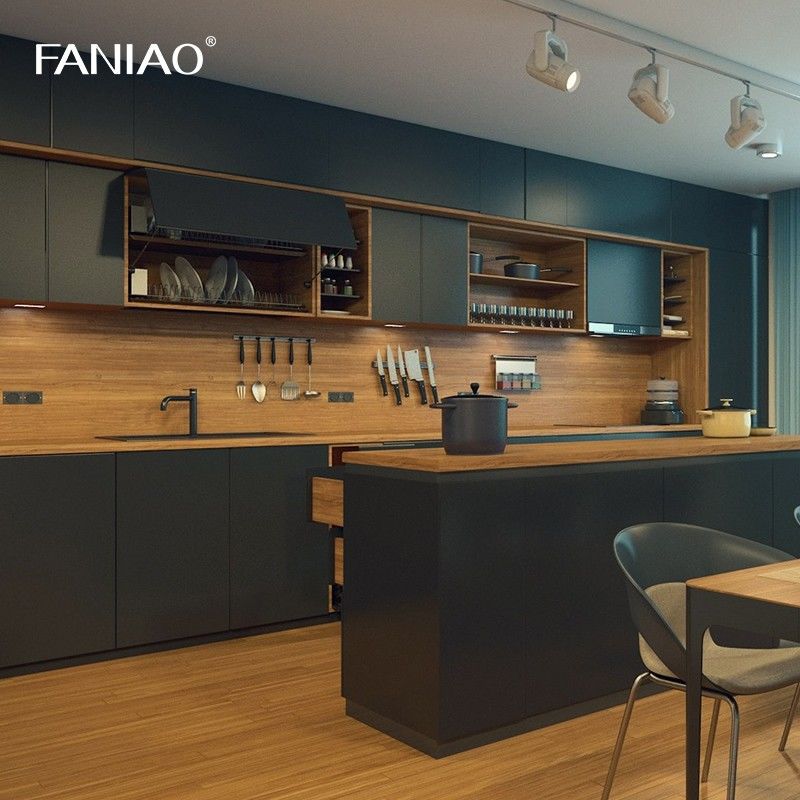Minimalist Design Melamine Finish Green Wooden Modern Open Kitchen Cabinet