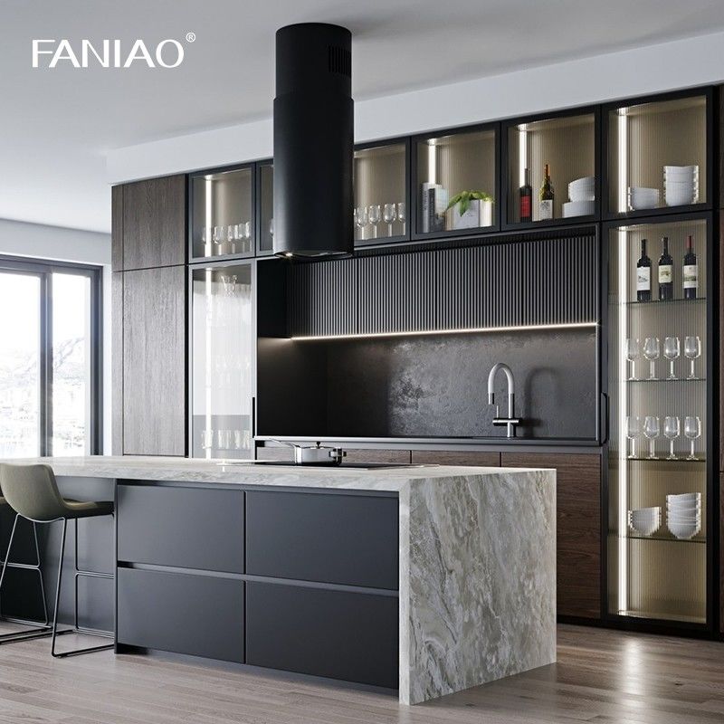 Modern Simple Design Glass Door Kitchen Furniture Popular Luxury Wood Grain Kitchen Cabinets For Villa