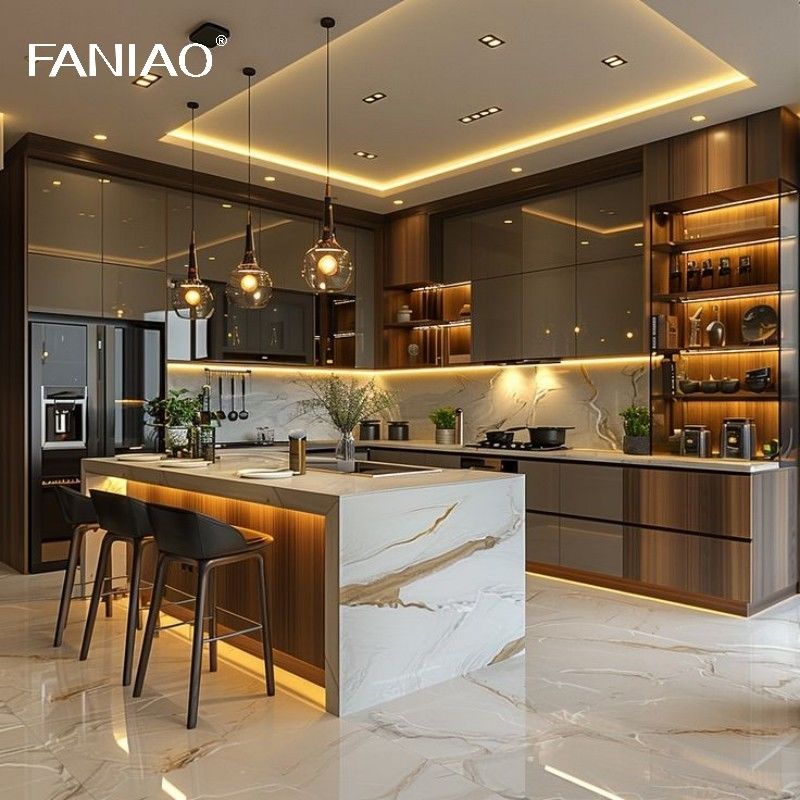 Villa Melamine Grey Luxury Large Solid Wood modern Kitchen Cupboard Pantry Cabinet Set