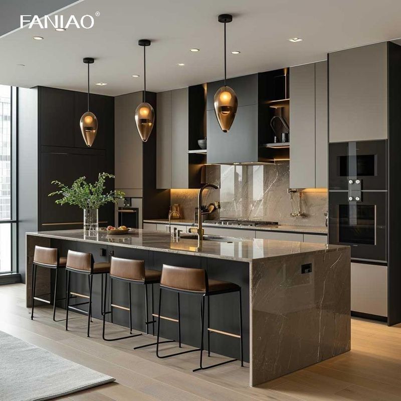 Custom Modern Design Glossy Lacquer Grey Kitchen Cabinets Set With Island