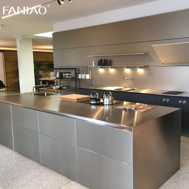 Customized Aluminum Simple Design Full Set Modern 304 Stainless Steel Kitchen Cabinet With Island