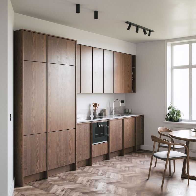 Modern Apartment Frame-line Door Panel Wooden Veneer Matt Lacquer Kitchen Cabinets