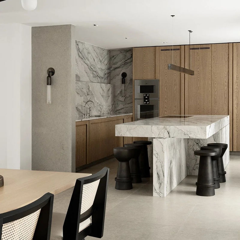 Villa White Oak Wood Veneer Kitchen Marble Countertop Frame Line Door Panel Complete Kitchen Cabinet Set