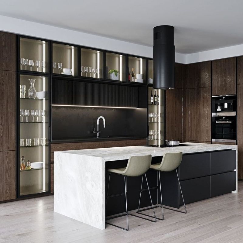 I Shape Lacquer Custom Made Wood Kitchen Cabinet With Island Waterfall Double Sink Design