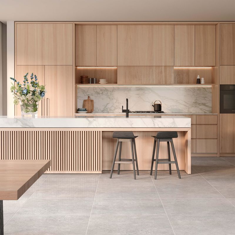 Custom Modern Eco-friendly Wood Grain Kitchen Cabinet with Marble Countertop for Residential Projects