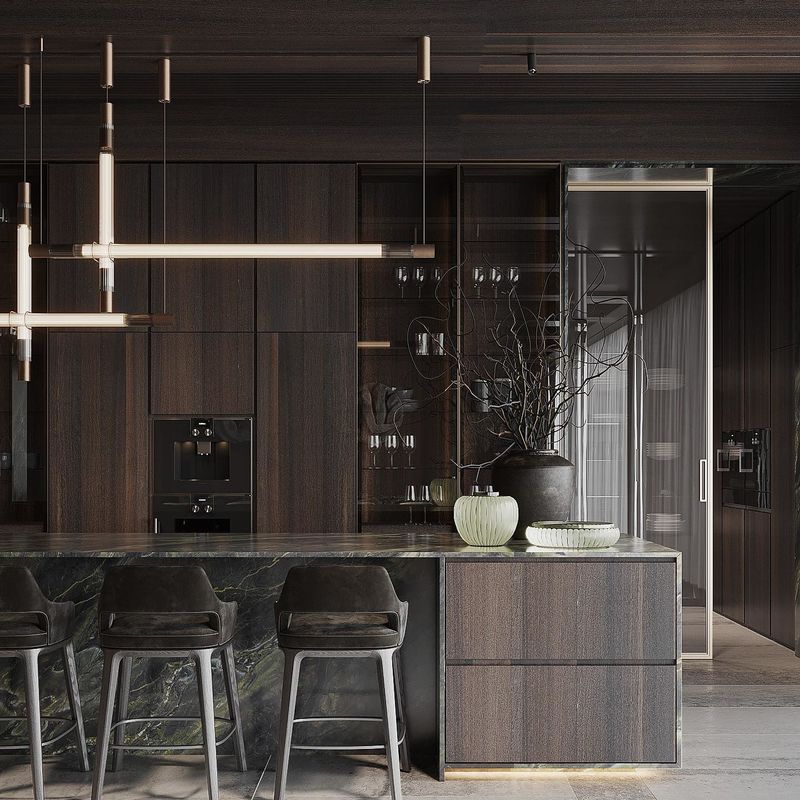 Luxury Home Furniture Modular Walnut Wood Veneer Matt Black Color Glass Door Kitchen Cabinet Modern Design