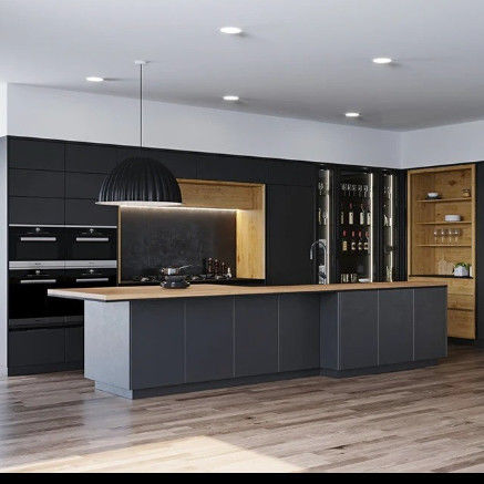 Custom Luxury Wood Grain MDF Moisture-Resistant Frameless Kitchen Cabinets Dubai Skyscraper Project Bulk Supplier Sink Apartment