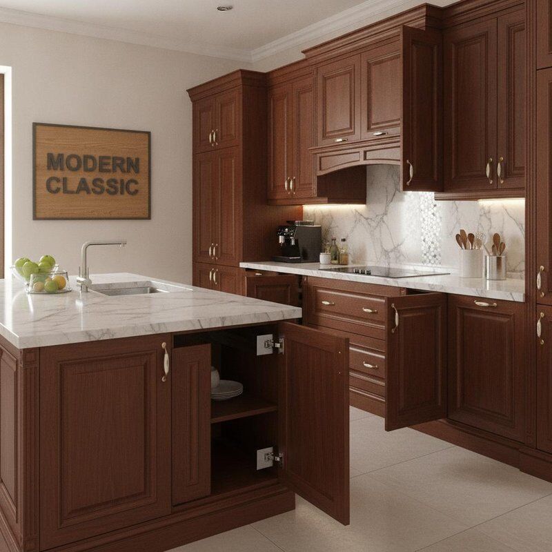 Classic Wood Kitchen Cabinets with Unihopper Hinge and 5 Years Warranty Featuring Lacquer Surface Treatment