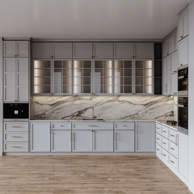 Muebles de casa inteligente de diseño moderno a medida Sala de comedor de laca Reunir gabinetes de cocina de batido blanco para constructor