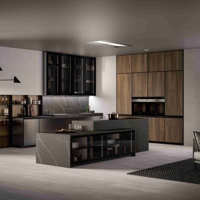 Luxe huishoudelijk meubilair Modulair Walnoot Hout Finer Matt Zwart Kleur Glas Deur Keukenkasten Moderne ontwerp